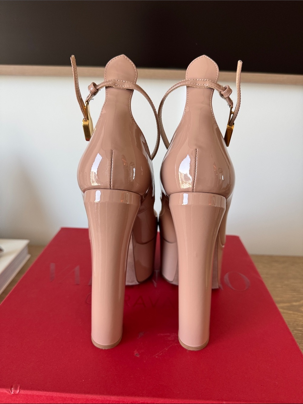 Valentino Garavani Blush Nude Leather Platform Pumps with Ankle Strap - Picture 3 of 10